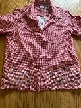 Bobbie Brooks Plaid Shirt 2-in-1 Attached Shirt Underneath Red Embroidered Large